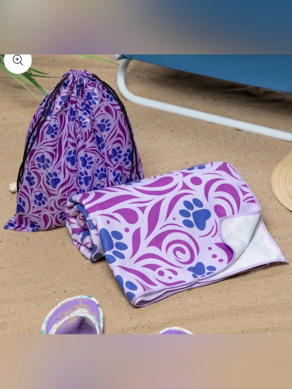 Whimsical Purple Paw Print Microfiber Beach Towel With Drawstring Carry Bag